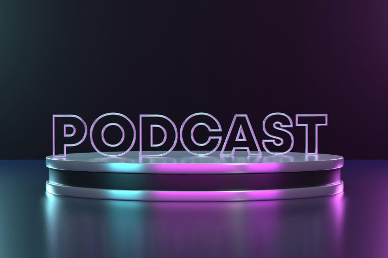 Podcast sign that is purple and blue sitting on a table